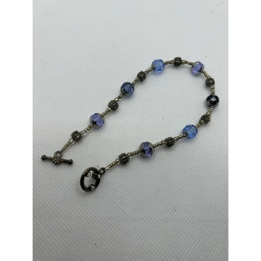 Blue Purple  Faceted Glass Beaded‎ Bracelet Toggle Clasp Vtg StyIe 7.75 in